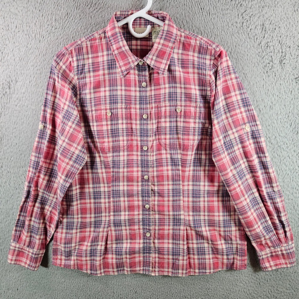 LLBean Women's Plaid Button Down Shirt Red Blue Tan Long Sleeve Size S